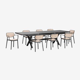 Sklum Set De Mesa Rectangular 240-300x100 Cm Extensible Karena Y 8 Sillas De Comedor Apilables Con Reposabrazos Omara Sklum