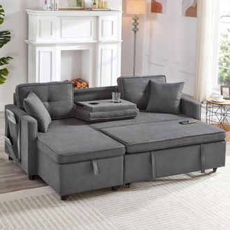 Matteo L-Shaped Pull Out Sleep Sofabed, Sleeper Sectional Sofa in Grey | Size: Double