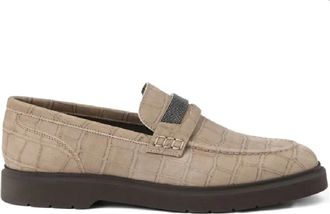 Brunello Cucinelli Schoenen, Dames, Grijs, 38 EU, Leer, Croc Print Penny Loafer