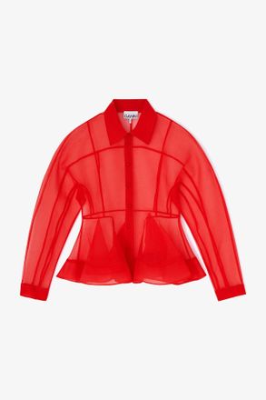 Ganni Red Organza Peplum Shirt - Size 8/10