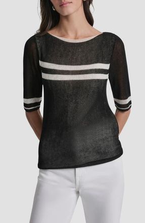 DKNY Stripe Lightweight Elbow Sleeve Sweater in Black/ivory at Nordstrom, Size X-Small