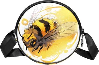 Generic Circle Crossbody Bag for Women, Bee Small Sling Bag Daypack with Zipper Adjustable Shoulder Straps Casual Ladies Girls Round Purse