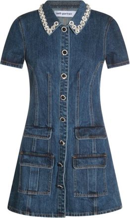 Self Portrait Fitted Denim Dress With Flared Skirt