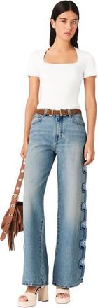Maje Floral embroidered wide-leg jeans in Blue at Nordstrom, Size 34 Eu