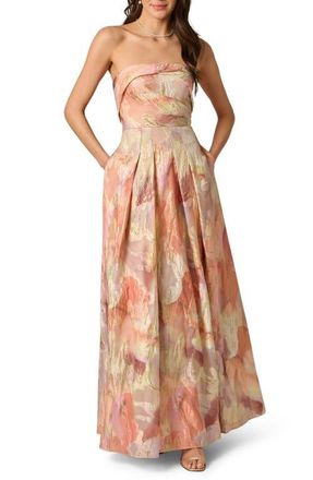 Aidan Mattox Strapless Floral Print Metallic Jacquard Gown in Coral Multi at Nordstrom, Size 10