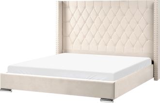 Beliani Cama Con Somier De Terciopelo Con Capiton&eacute; Y Tachuelas Blanco Crema 180 X 200 Cm Lubbon