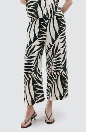 Mango Tropical Print Wide Leg Pants in Ecru at Nordstrom, Size Medium