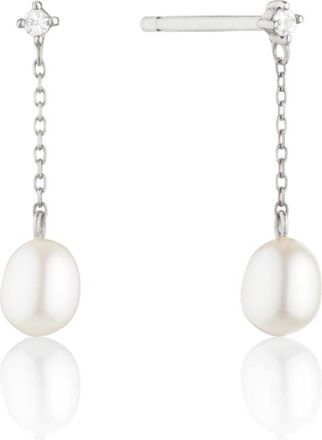 Lily & Roo Silver Diamond Style Pearl Drop Stud Earrings