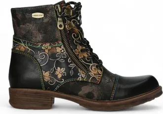 Laura Vita Anita 006 Black Floral Womens Gothic Victorian Leather Ankle Boots