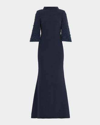 Badgley Mischka Beaded Funnel-Neck Crepe Trumpet Gown