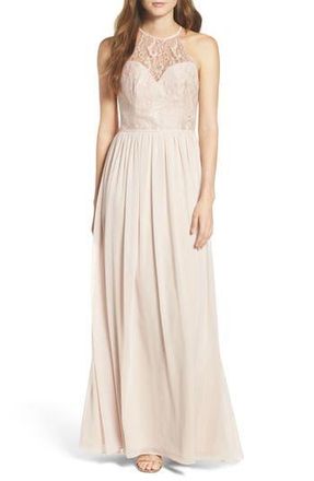 Hayley Paige Lace & Chiffon Halter Gown in Rose/Blush/Cashmere at Nordstrom Rack, Size 16