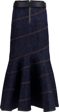 Self Portrait Womens Denim Midi Skirt With Belt Blue Cotton; Polyester; Elastane