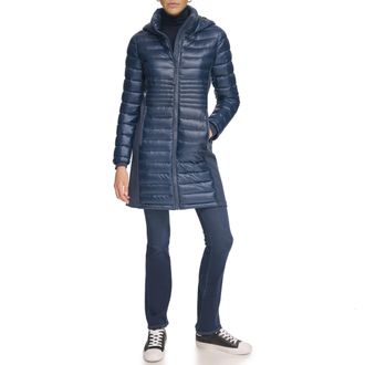 Calvin Klein Womens Long Light-Weight Puffer Jacket Down Coat, Shine Slate Blue, L