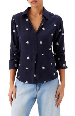 Karen Kane Embroidered Ruched Sleeve Cotton Gauze Shirt in Navy at Nordstrom, Size Small