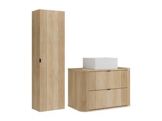 Vente-Unique Mobile Bagno Sospeso Con Lavabo Da Appoggio Quadrato E Colonna Naturale Chiaro 80 Cm - Filor