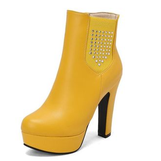 Generic Womens Rhinestone Studded Ankle Boots PU Leather Round Toe High Block Heels Platform Zip Closure Elastic Panel Stylish Durable Design,Yellow,6.5 UK