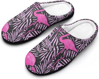 Generic Flamingos Palms Leaves Art Mens Warm Slippers Non-Slip Sole Winter Rubber Cotton Shoes for Bedroom