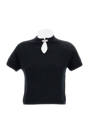 Barrie Short-Sleeved Wool Top With Rhinestone Brooch And Keyhole Neckline