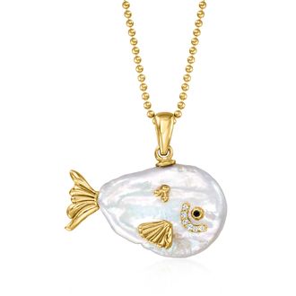 Ross-Simons 4-20mm Cultured Baroque Pearl Fish Pendant Necklace With White Topaz and Single Black Spinel in 18kt Gold Over Sterling
