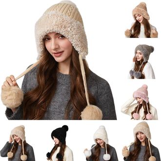 Generic Winter Beanie Hats for Women with Ear Flaps Fleece Lined Crochet Skull Cap Warm Cable Knitted Hat with Triple Pom Poms Ear Windproof for Outdoor Ski S