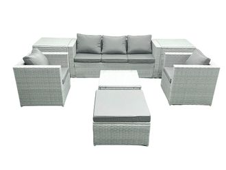 Fimous 6 Seater Rattan Garden Furniture Set with 3 Seater Sofa 2 Chair Square Coffee Table Big Footstool 2 Side Tables Light Grey Mixed