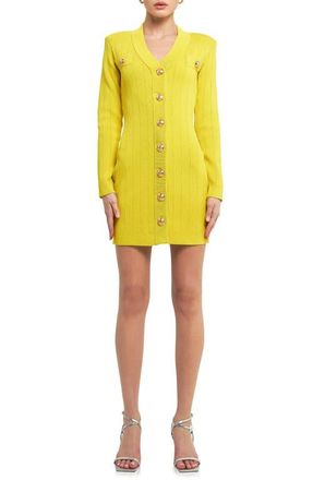 endless rose Padded Shoulder Long Sleeve Button-Up Sweater Minidress in Yellow at Nordstrom, Size Small