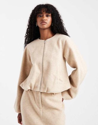 4th & Reckless Bomber senza colletto effetto lana beige con maniche a palloncino in coordinato-Neutro