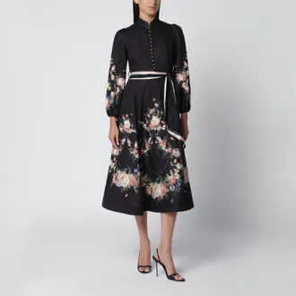 Zimmermann Abito midi Valiant nero a fantasia in lino