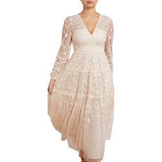 Needle & Thread Celestia Ribbon Long Sleeve V-Neck Gown in Champagne at Nordstrom, Size 10