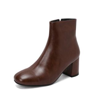 Generic Womens Square Toe Chunky Heel Ankle Boots with Side Zipper for Style and Comfort,Brown,7.5 UK