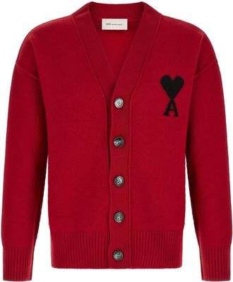 Ami Red Logo V Neck Cardigan