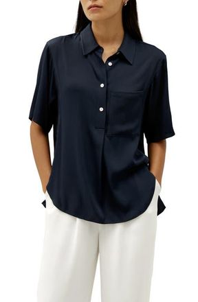 LilySilk Womens Half-Placket Short Sleeve Button Up Streachy Silk Shirt in Midnight Blue at Nordstrom, Size X-Small