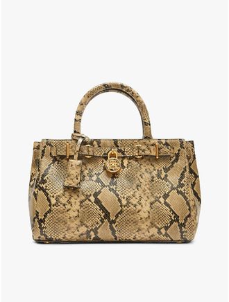 Tommy Hilfiger Womens Snake-Embossed Leather Mini Tote Bag - Beige