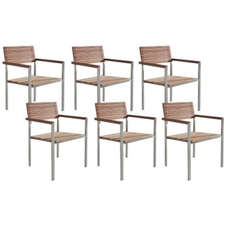 Beliani Conjunto De Comedor De Jard&iacute;n De Madera De Teca Clara De 7 Piezas Marco De Metal Plateado 6 Sillas Viareggio