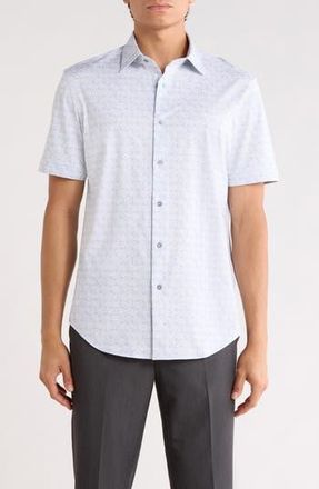 Bugatchi Abstract Print Stretch Cotton Short Sleeve Button-Up Shirt in Air Blue at Nordstrom Rack, Size Xxx-Large