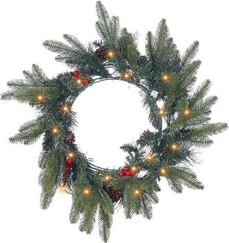 Beliani Beliani - Corona De Navidad Con Pi&ntilde;as Sint&eacute;ticas Y Bayas Para Puerta Con Luces Led 50 Cm Verde Whitehorn