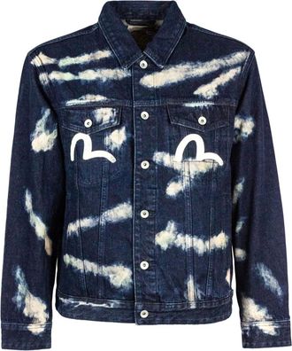 Evisu Jassen, Heren, Blauw, XL, Denim, Tie-Dye Printed Seagull Denim Jacket