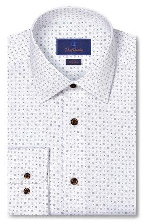 David Donahue Regular Fit Neat Print Cotton Herringbone Dress Shirt in White/Chocolate at Nordstrom Rack, Size 16 - 32/33