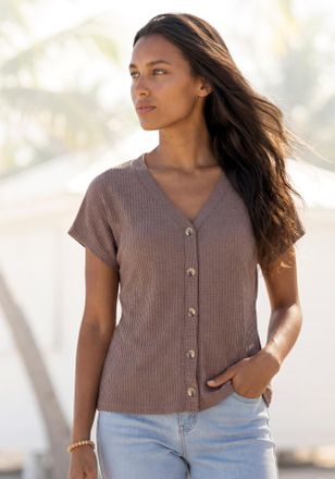 Lascana Kurzarmshirt LASCANA mit Zierknopfleiste, Damen, Gr. 32/34, grau (taupe), Piqu&eacute;, Obermaterial: 69% Polyester (REPREVE), 28% Viskose, 3% Elasthan, unif