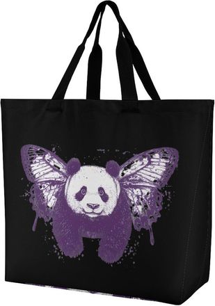 Generic Panda with Butterfly Wings Reusable Shopping Bags One Shoulder Grocery Tote Bag Waterproof Big Purse for Work Travel