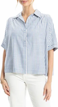 Max Studio Stripe Elbow Sleeve Button-Up Shirt in Light Denim/White at Nordstrom Rack, Size X-Small