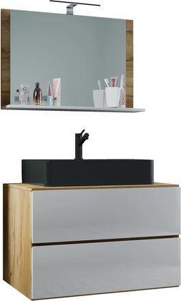 ebuy24 Ebuy24 - Vcm 3 Pcs Lavabo Lavabo Gabinete Inferior Ancho 80 Cm Muebles De Ba&ntilde;o Con Cajones Espejo Lendas M (roble Miel / Blanco)