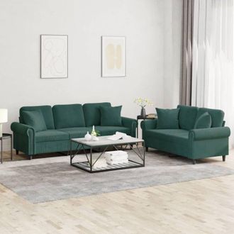 vidaXL Juego De Sof&aacute;s Con Cojines 2 Piezas Terciopelo Verde Oscuro