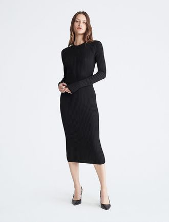 Calvin Klein Womens Ribbed Midi Sweater Dress - Black - XS