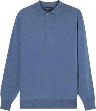 Brooks Brothers Merino Wolle Strick Poloshirt - Heren - Ronde hals truien - Blauw - L - Wol - Truien & Vesten