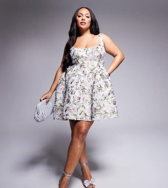 Asos Curve - Vestito skater corto stretto in vita a fiori vintage jacquard con fiocco sul retro-Multicolore