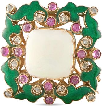 Luxury Bazaar Antique 14K Rose Gold Diamond, Ruby, Enamel, and Opal Brooch Pin MF27-080426