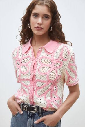 Suncoo Gavrili Two-Tone Crochet Cardigan In Rose