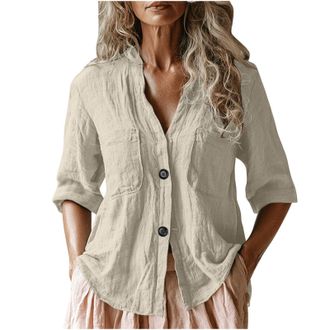 Generic Womens T Shirt Solid Color Cheesecloth Ladies Blouses 3/4 Sleeve Top Summer Cotton Linen Clothing Button Down Pullover Casual Loose Fit Shirt for Holi