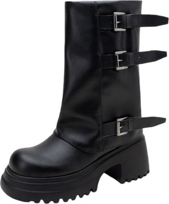 Generic Womens Mid-Calf Boots, Elegant Casual PU Leather Boots with Three Buckles And Chunky Block Heel Slip-On Shoes Comfortable Round Toe Autumn Winter Boot